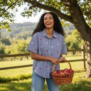 Vintage Embroidered Ladybug Daisy Shirt Purple Gingham Short Sleeve